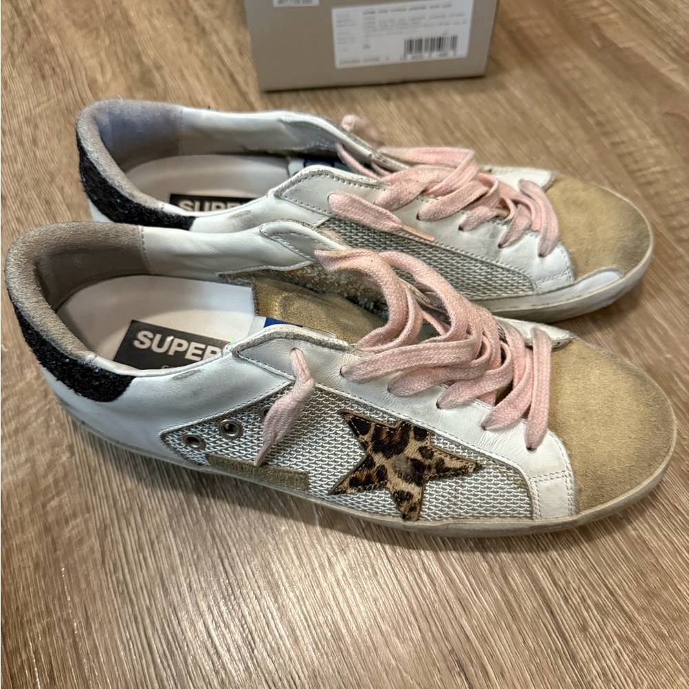 Golden Goose White Beige Leopard Star Sneakers with Pink Laces - Picture 4 of 7